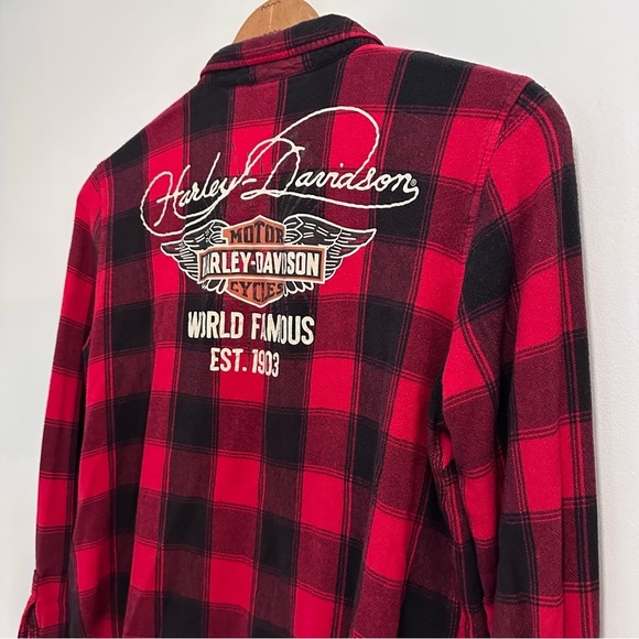 Harley Davidson Buffalo Plaid Cropped Rayon Button Down Shirt Size M/L - Picture 9 of 11
